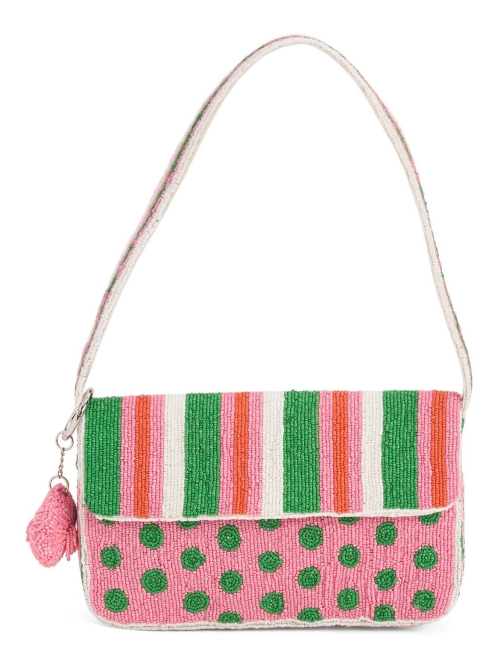 Handmade in India Fully Beaded Stripe Bag - Green, Pink & Orange